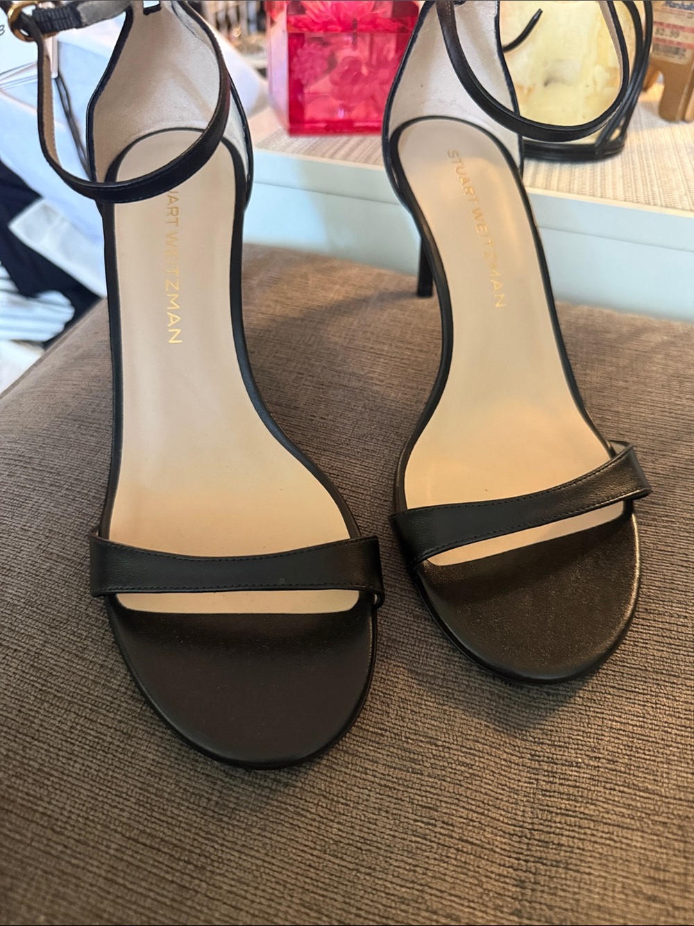Stuart Weitzman Black Leather Ankle-Strap Heels